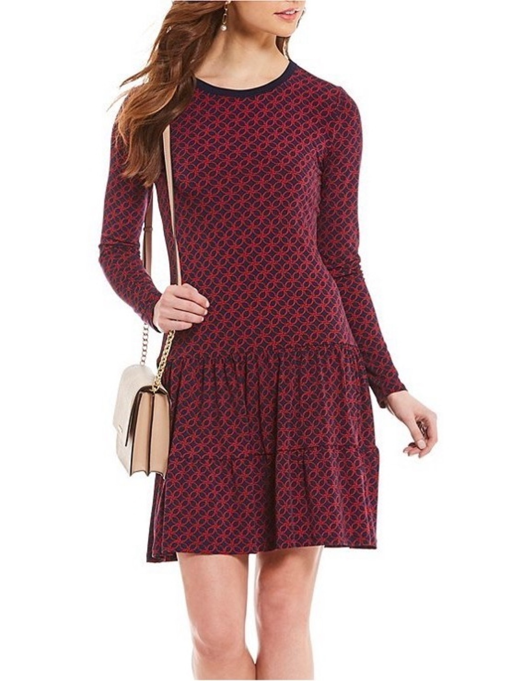 NWT Michael Kors Red & Navy Patterned Long-Sleeve Dress